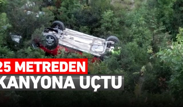 Karabük'te yoldan çıkan otomobil yaklaşık 25 metreden kanyona uçtu