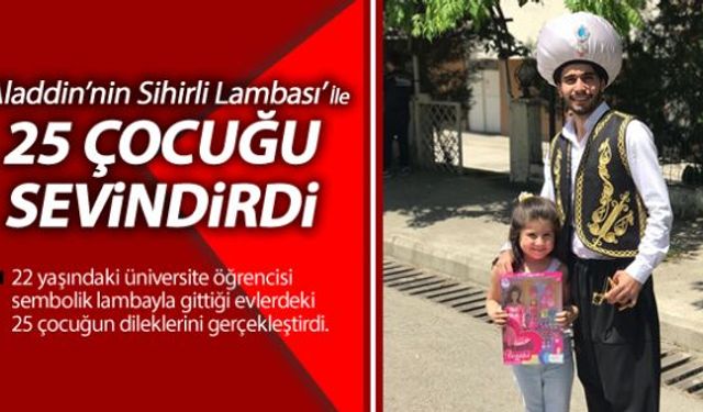 Masal kahramanı "Alaaddin Sihirli Lambası" masalından etkilenen üniversite öğrencisi Anıl Can Yazar (22), sembolik lambayla gittiği evlerdeki 25 çocuğun dileklerini gerçekleştirerek onların bayram mutluluğu yaşattı