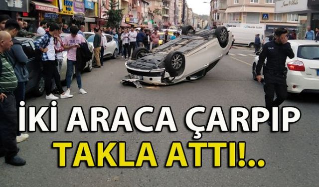 Zonguldakın Ereğli ilçesinde sürücünün direksiyon hâkimiyetini kaybettiği otomobil, park halinde ki iki otomobile çarptıktan sonra takla atarak durabildi