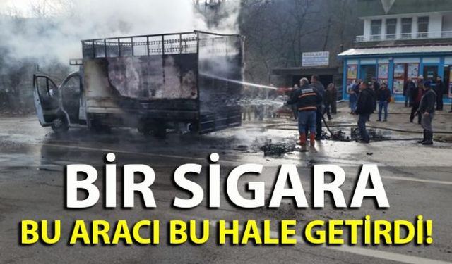 Zonguldak Merkeze bağlı Karaman Beldesinde sigara izmaritinden tutuştuğu iddia edilen kamyonet alevler içinde kaldı