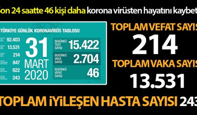 Sağlık Bakanı Fahrettin Koca, korona virüs nedeniyle Türkiye'de vefat edenlerin sayısının 214'e yükseldiğini belirterek, "Toplam vaka sayısı 13 bin 531, iyileşen hasta sayısı 243 oldu" dedi