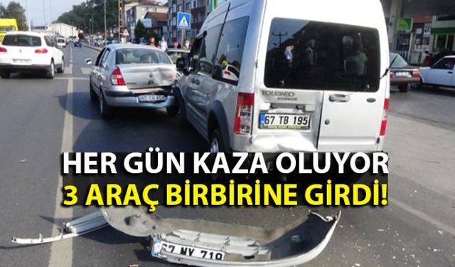 Zonguldakın Ereğli ilçesinde meydana gelen zincirleme trafik kazasında 3 araç birbirine girdi