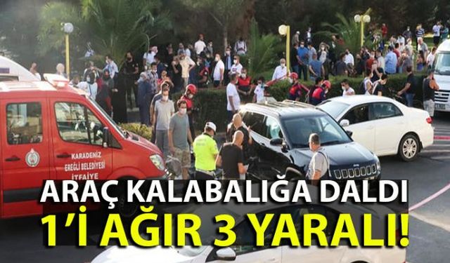 Zonguldak'ın Ereğli İlçesi Süleymanlar Mahallesi Amirallik Kavşağı önünde Cip sürücüsü nikâhtan çıkarak hatıra fotoğrafı çektirmek isteyen kalabalığın arasına daldı