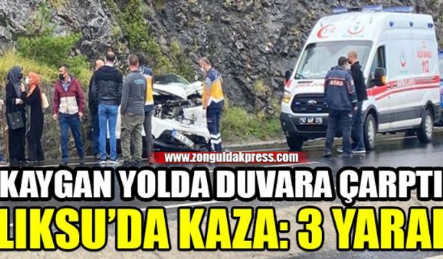 Zonguldakın Kozlu ilçesine bağlı Ilıksu mevkiinde sağanak yağış nedeniyle direksiyon hakimiyetini kaybeden otomobil sürücüsü duvara çarptı